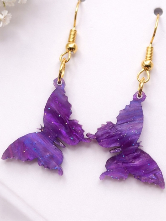 Handmade Jewelry - Purple Butterfly Earrings Dangle Lightweight Sparkly Earrings